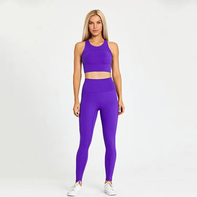 Egyszínű tornatermi jóga szett szűk leggings és fitnesz sporttartály 2db Gym melltartó felső puha sportruha edzés edzés női sportruházat
