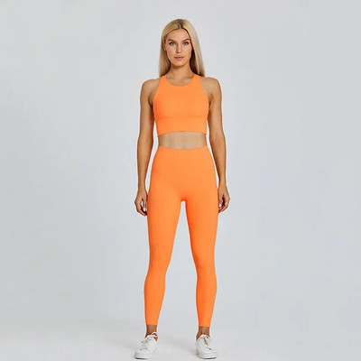 Egyszínű tornatermi jóga szett szűk leggings és fitnesz sporttartály 2db Gym melltartó felső puha sportruha edzés edzés női sportruházat