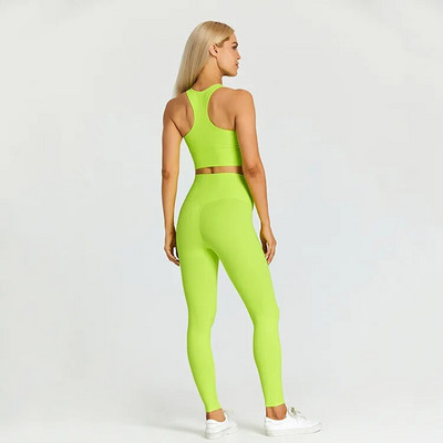 Egyszínű tornatermi jóga szett szűk leggings és fitnesz sporttartály 2db Gym melltartó felső puha sportruha edzés edzés női sportruházat