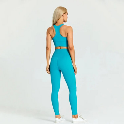 Egyszínű tornatermi jóga szett szűk leggings és fitnesz sporttartály 2db Gym melltartó felső puha sportruha edzés edzés női sportruházat