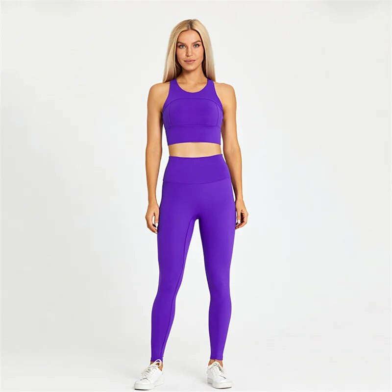 Egyszínű tornatermi jóga szett szűk leggings és fitnesz sporttartály 2db Gym melltartó felső puha sportruha edzés edzés női sportruházat