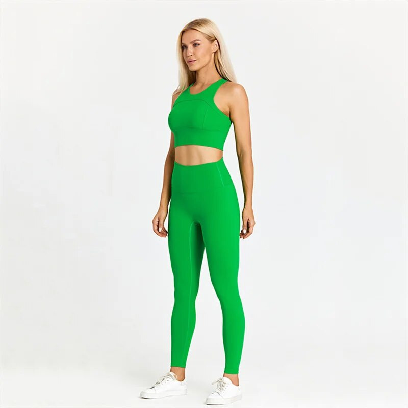 Egyszínű tornatermi jóga szett szűk leggings és fitnesz sporttartály 2db Gym melltartó felső puha sportruha edzés edzés női sportruházat