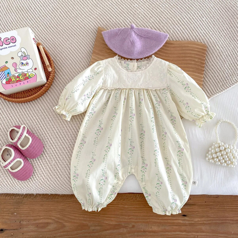 Proljetna jesen Odjeća za novorođenčad Jednodijelni slatki kombinezon za djevojčice Cvjetni kombinezon dugih rukava Pamučni ovratnik za dojenčad