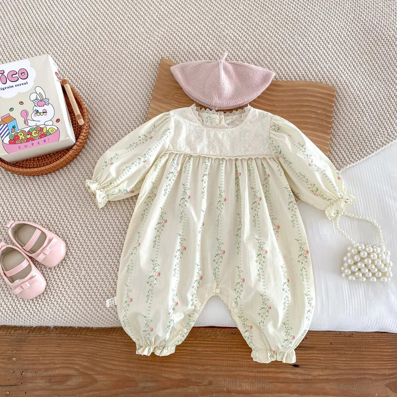 Proljetna jesen Odjeća za novorođenčad Jednodijelni slatki kombinezon za djevojčice Cvjetni kombinezon dugih rukava Pamučni ovratnik za dojenčad