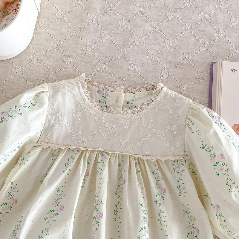 Proljetna jesen Odjeća za novorođenčad Jednodijelni slatki kombinezon za djevojčice Cvjetni kombinezon dugih rukava Pamučni ovratnik za dojenčad