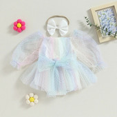 Listenwind 0-2Y Baby Girl Nyári Romper Aranyos Hosszú Puff ujjú Négyzet Nyakú Pontos Print Újszülött Body Tüll ruha