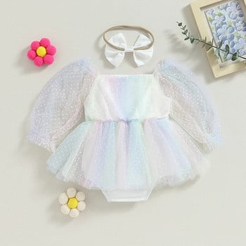 Listenwind 0-2Y Baby Girl Summer Romper Сладък дълъг буф ръкав с квадратно деколте и щампа на точки Новородено Боди от тюл Рокля