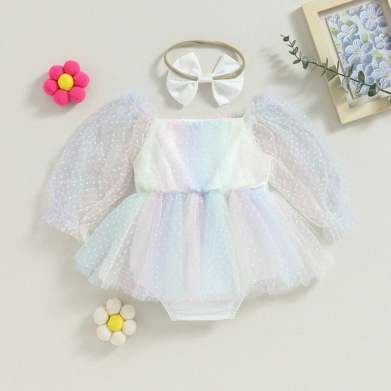 Listenwind 0-2Y Baby Girl Nyári Romper Aranyos Hosszú Puff ujjú Négyzet Nyakú Pontos Print Újszülött Body Tüll ruha