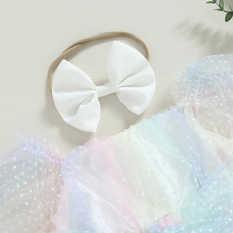 Listenwind 0-2Y Baby Girl Nyári Romper Aranyos Hosszú Puff ujjú Négyzet Nyakú Pontos Print Újszülött Body Tüll ruha