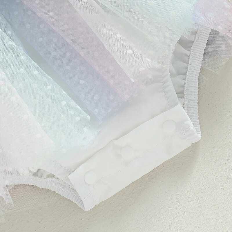 Listenwind 0-2Y Baby Girl Nyári Romper Aranyos Hosszú Puff ujjú Négyzet Nyakú Pontos Print Újszülött Body Tüll ruha