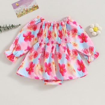 Listenwind 0-2Y Baby Girls Roched Dress Floral Print Гащеризони с дълъг ръкав за новородени бебета Прохождащи деца Сладки дрехи