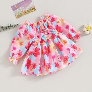 Listenwind 0-2Y Baby Girls Roched Dress Floral Print Гащеризони с дълъг ръкав за новородени бебета Прохождащи деца Сладки дрехи