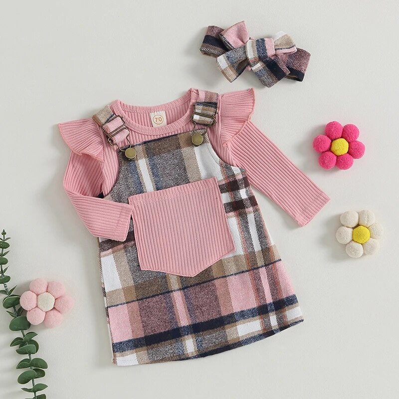 Kompleti slatke odjeće za djevojčice od 0 do 2 godine Rebraste štrample dugih rukava i karirana haljina s tregerima Jesenska kombinacija