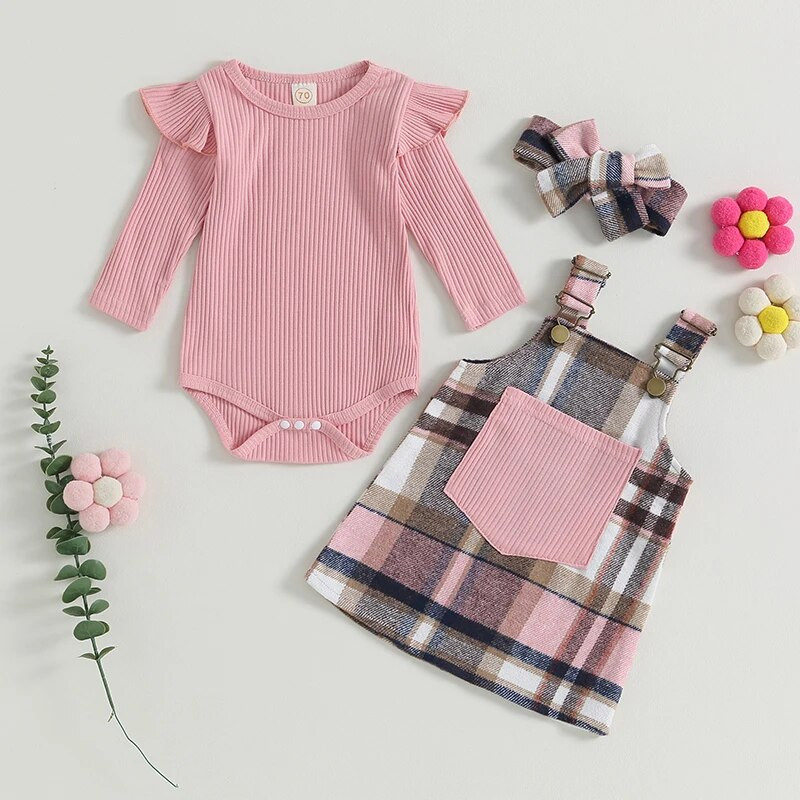 Kompleti slatke odjeće za djevojčice od 0 do 2 godine Rebraste štrample dugih rukava i karirana haljina s tregerima Jesenska kombinacija