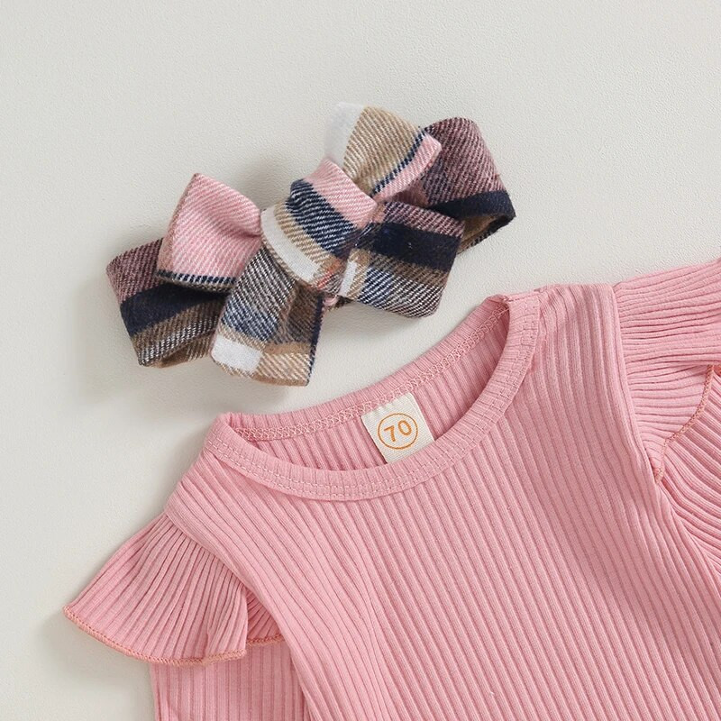 Kompleti slatke odjeće za djevojčice od 0 do 2 godine Rebraste štrample dugih rukava i karirana haljina s tregerima Jesenska kombinacija