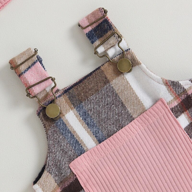 Kompleti slatke odjeće za djevojčice od 0 do 2 godine Rebraste štrample dugih rukava i karirana haljina s tregerima Jesenska kombinacija