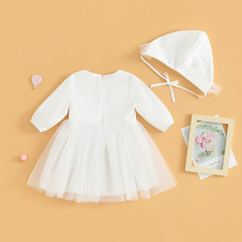 Listenwind 0-2Y Baby Girl 2-daļīgs apģērbs ar garām piedurknēm, crew kakla tauriņš, tilla raibs A-line kleita ar cepures krišanas tērpu