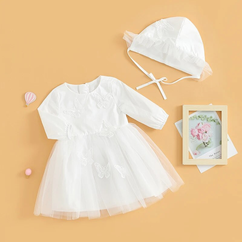 Listenwind 0-2Y Baby Girl 2-daļīgs apģērbs ar garām piedurknēm, crew kakla tauriņš, tilla raibs A-line kleita ar cepures krišanas tērpu