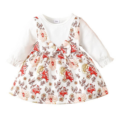 Listenwind 0-2Y Baby Girls Girls Girls Girls Fake Divdaces Flower Print Crew Kakla kleita ar garām piedurknēm rudens modes gadījuma princeses kleita