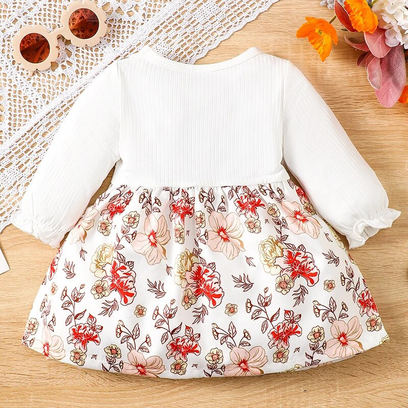 Listenwind 0-2Y Baby Girls Girls Girls Girls Fake Divdaces Flower Print Crew Kakla kleita ar garām piedurknēm rudens modes gadījuma princeses kleita