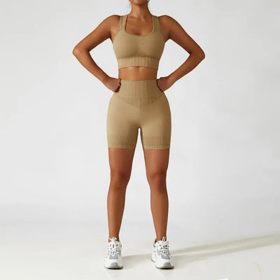 Bezšuvju jogas komplekts Sieviešu sporta tērpi vingrošanas zāle Apģērbi Fitnesa komplekti Sieviešu apģērbi Divu daļu komplekti Treniņa sporta komplekti Sieviešu kostīms