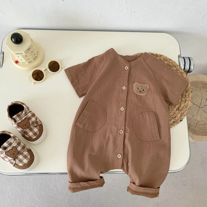 2023. gada vasaras jaundzimušo drēbes, zīdaiņu lācis, izšuvums ar īsām piedurknēm, kokvilnas kombinezons, korejiešu mazuļu meiteņu karikatūra viengabalains