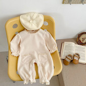 Korejiešu stila jaundzimušo meiteņu rombītis ar garām piedurknēm, mežģīņu šuvumi, vafeļu meiteņu kombinezoni pavasara rudens mazuļiem mazuļiem