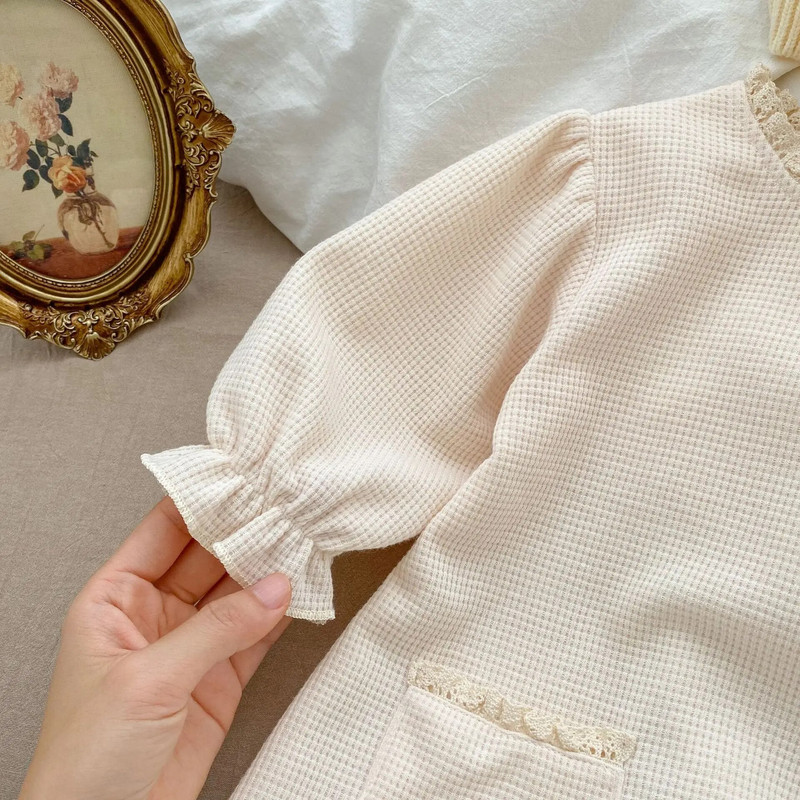 Korejiešu stila jaundzimušo meiteņu rombītis ar garām piedurknēm, mežģīņu šuvumi, vafeļu meiteņu kombinezoni pavasara rudens mazuļiem mazuļiem