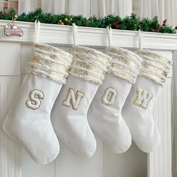 Коледни чорапи Бяло щамповане Златни снежинки Букви Коледни орнаменти Коледна елха Украса Чорапи за подарък