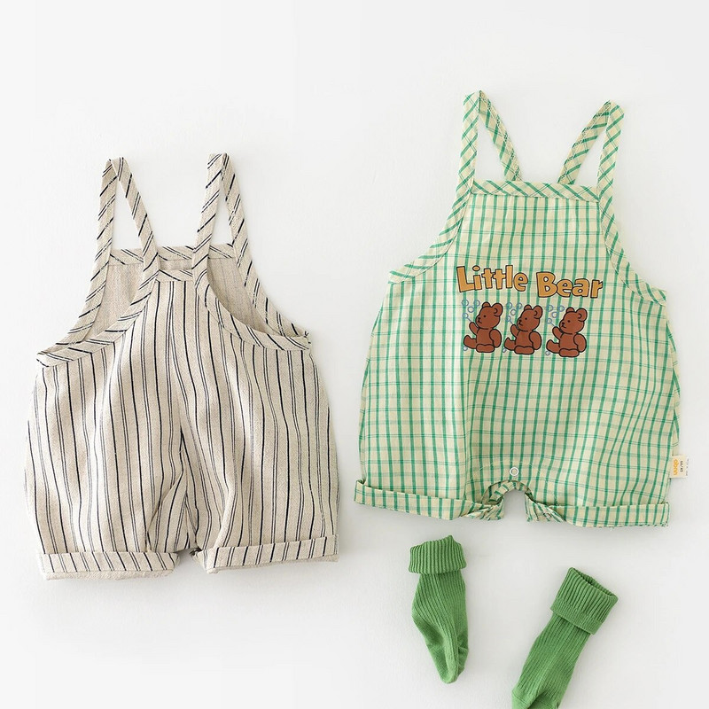 Ljetni kombinezon za bebe 2023., Dječaci, pamuk, prugasti kombinezon s printom medvjeda, bez rukava, karirane štrample za novorođenčad.