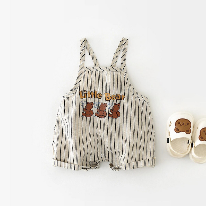 Ljetni kombinezon za bebe 2023., Dječaci, pamuk, prugasti kombinezon s printom medvjeda, bez rukava, karirane štrample za novorođenčad.