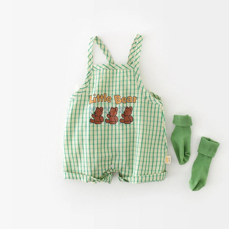 Ljetni kombinezon za bebe 2023., Dječaci, pamuk, prugasti kombinezon s printom medvjeda, bez rukava, karirane štrample za novorođenčad.
