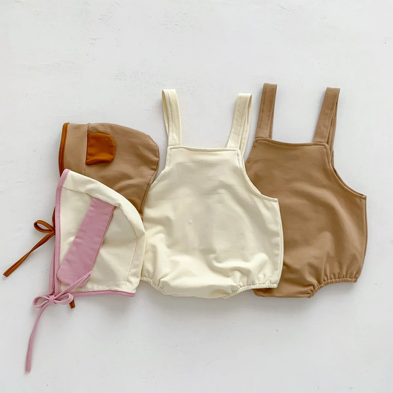 Ljetni bodi bez rukava za djevojčice s džepovima Kompleti kombinezona za malu djecu i dječake, jednobojni kombinezon sa šeširićem Odjeća za novorođenčad