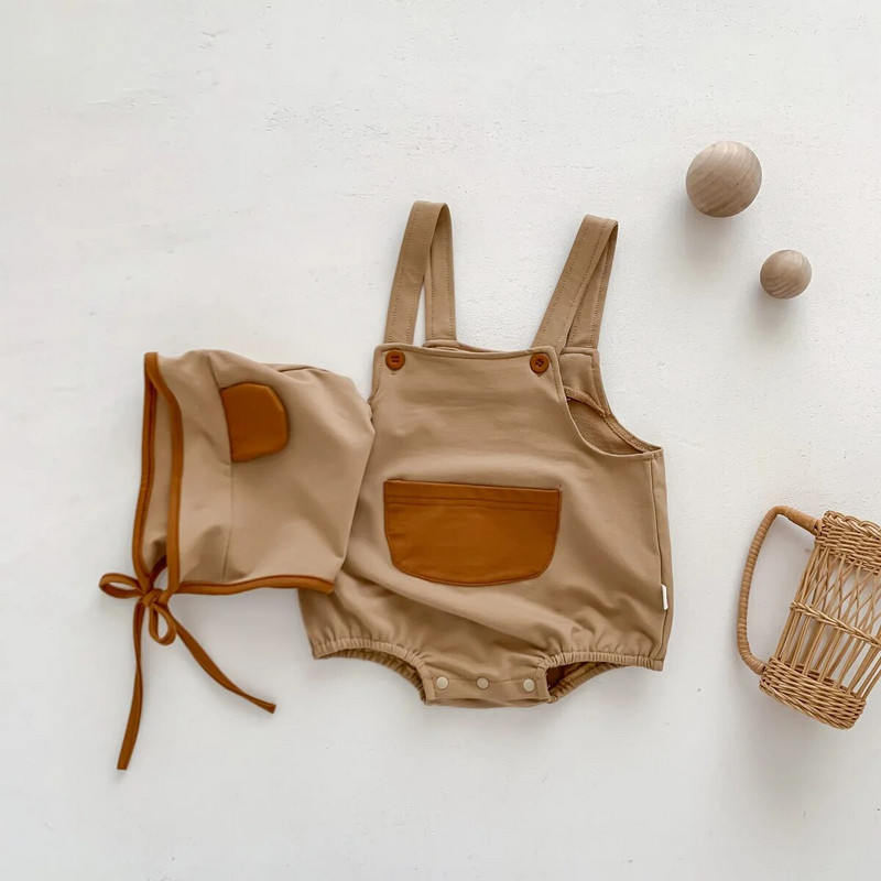 Ljetni bodi bez rukava za djevojčice s džepovima Kompleti kombinezona za malu djecu i dječake, jednobojni kombinezon sa šeširićem Odjeća za novorođenčad