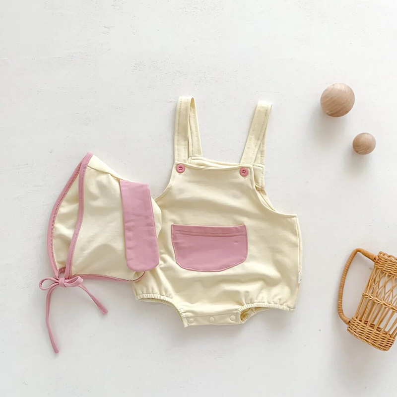 Ljetni bodi bez rukava za djevojčice s džepovima Kompleti kombinezona za malu djecu i dječake, jednobojni kombinezon sa šeširićem Odjeća za novorođenčad