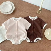 Ljetna odjeća za bebe Bodi od vafla kratkih rukava Jednodijelni kombinezon za dječake Jednobojni korejski kombinezon s jednim kopčanjem za djevojčice