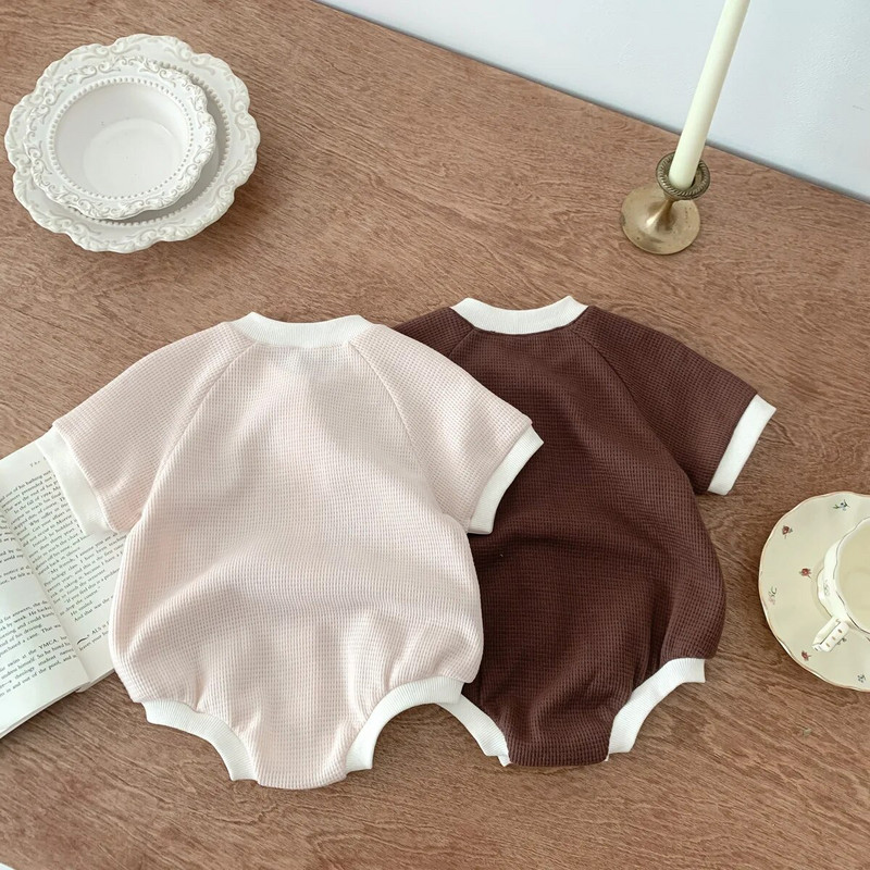 Ljetna odjeća za bebe Bodi od vafla kratkih rukava Jednodijelni kombinezon za dječake Jednobojni korejski kombinezon s jednim kopčanjem za djevojčice