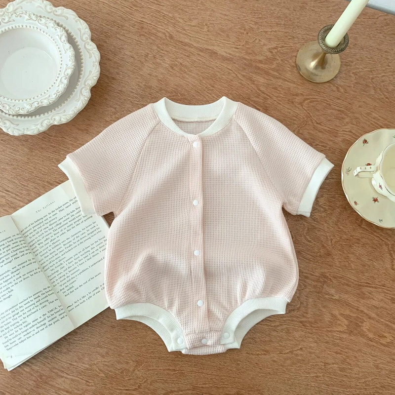 Ljetna odjeća za bebe Bodi od vafla kratkih rukava Jednodijelni kombinezon za dječake Jednobojni korejski kombinezon s jednim kopčanjem za djevojčice