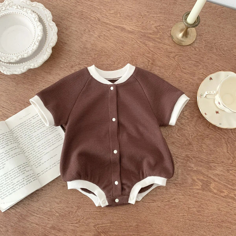 Ljetna odjeća za bebe Bodi od vafla kratkih rukava Jednodijelni kombinezon za dječake Jednobojni korejski kombinezon s jednim kopčanjem za djevojčice