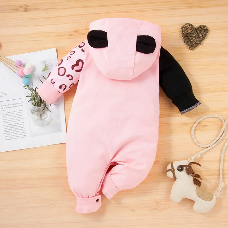 Hlače za novorođenčad Bbay za djevojčice Odjeća za dojenčad Odjeća za djevojčice Odjeća dugih rukava Leopard patchwork Jednodijelni kombinezon s kapuljačom