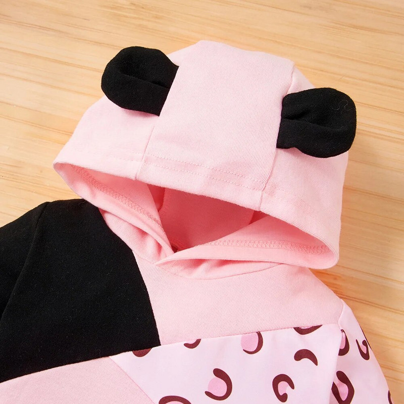 Hlače za novorođenčad Bbay za djevojčice Odjeća za dojenčad Odjeća za djevojčice Odjeća dugih rukava Leopard patchwork Jednodijelni kombinezon s kapuljačom