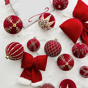 4 τμχ Κόκκινες Flocking Χριστουγεννιάτικες μπάλες διακόσμησης για διακόσμηση σπιτιού Πρωτοχρονιάτικο δώρο Χριστουγεννιάτικες μπάλες Noel Navidad 2024 6/8cm