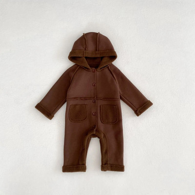 Rudens ziemas zīdaiņu bikses jaundzimušo zēnu vilnas kombinezons ar kapuci Solid Toddler Plus samta biezs viengabala apģērbs
