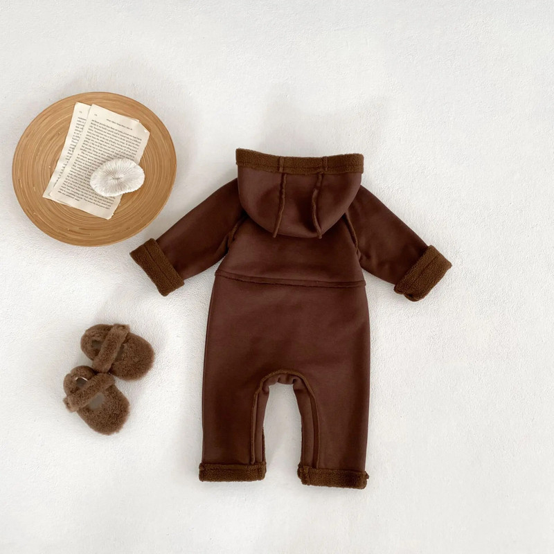 Rudens ziemas zīdaiņu bikses jaundzimušo zēnu vilnas kombinezons ar kapuci Solid Toddler Plus samta biezs viengabala apģērbs