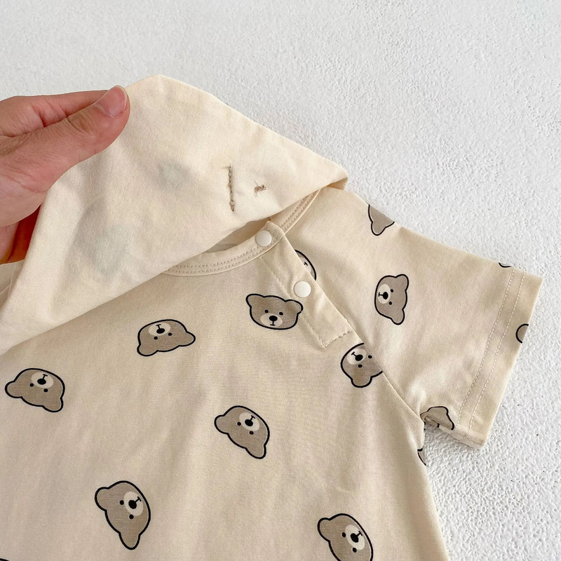 0-2Y rövid ujjú karikatúra medve kisfiúk ruha újszülött lányoknak nyári csecsemők puha pamut bő kombiné, törölközővel