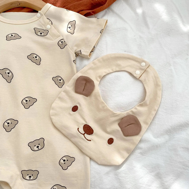 0-2Y rövid ujjú karikatúra medve kisfiúk ruha újszülött lányoknak nyári csecsemők puha pamut bő kombiné, törölközővel