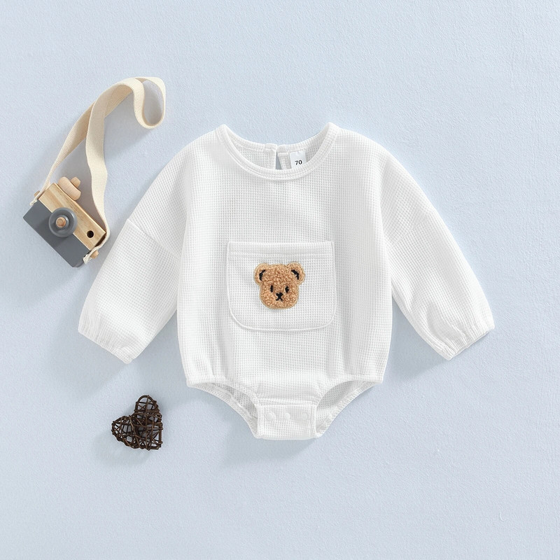 Zīdaiņu jaundzimušo meiteņu rudens kombinezoni , gadījuma rakstura garās piedurknes lācis ar izšuvumu priekšējā kabatā vafveida rūtaini bodijs