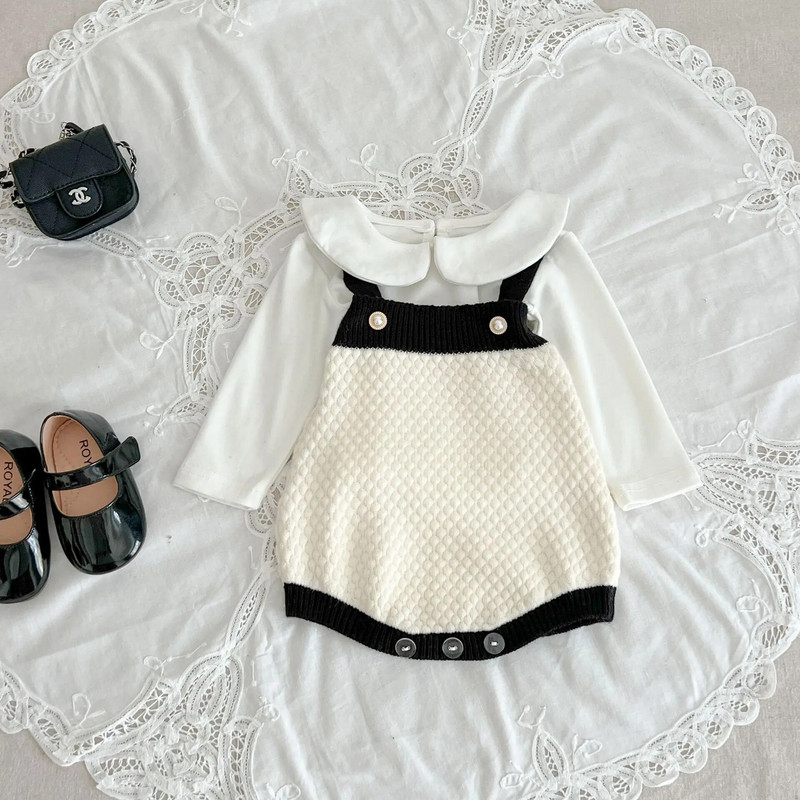 Jesenska odjeća za djevojčice 2023. Pamučni pleteni kardigan kaput Bodi s tregerima za dojenčad Majica s kragnom za lutke 3 kom odijelo za djevojčice