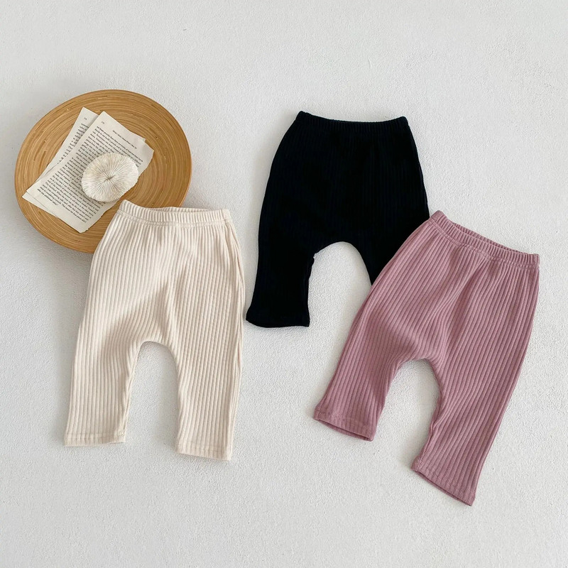 Pavasaris rudens zīdaiņu bikses jaundzimušo rievotas kokvilnas trikotāžas elastīgas vienkāršas legingi bikses masīvas zīdaiņu apakšpuses bērniem ikdienas bikses