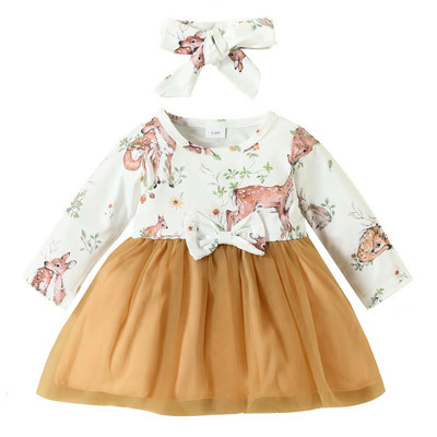 Φθινόπωρο Citgeett Βρεφικά κοριτσάκια Φθινοπωρινά ρούχα Μακρυμάνικα ελάφια στάμπα από τούλι Φόρεμα Σετ κεφαλόδεσμος Ρούχα